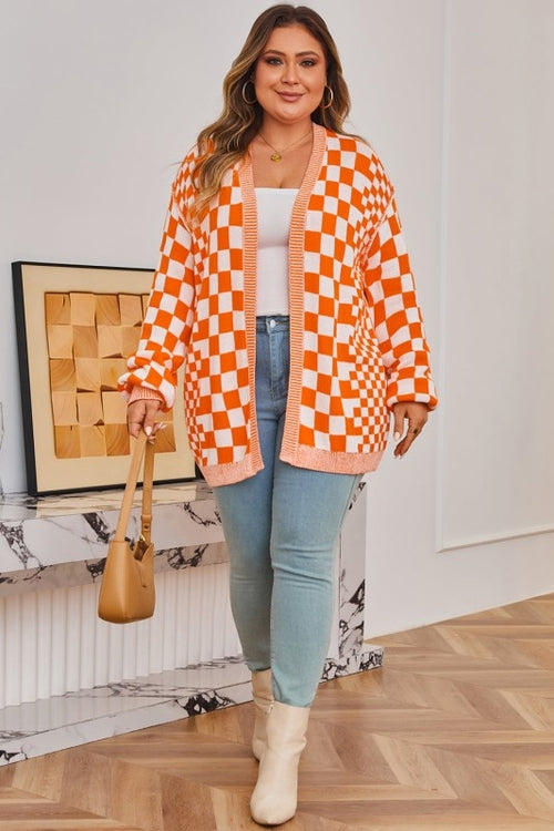Plus Size Checker Drop Shoulder Open Front Cardiga