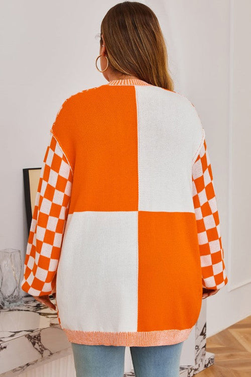 Plus Size Checker Drop Shoulder Open Front Cardiga