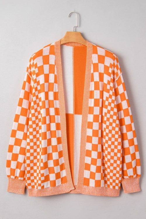 Plus Size Checker Drop Shoulder Open Front Cardiga